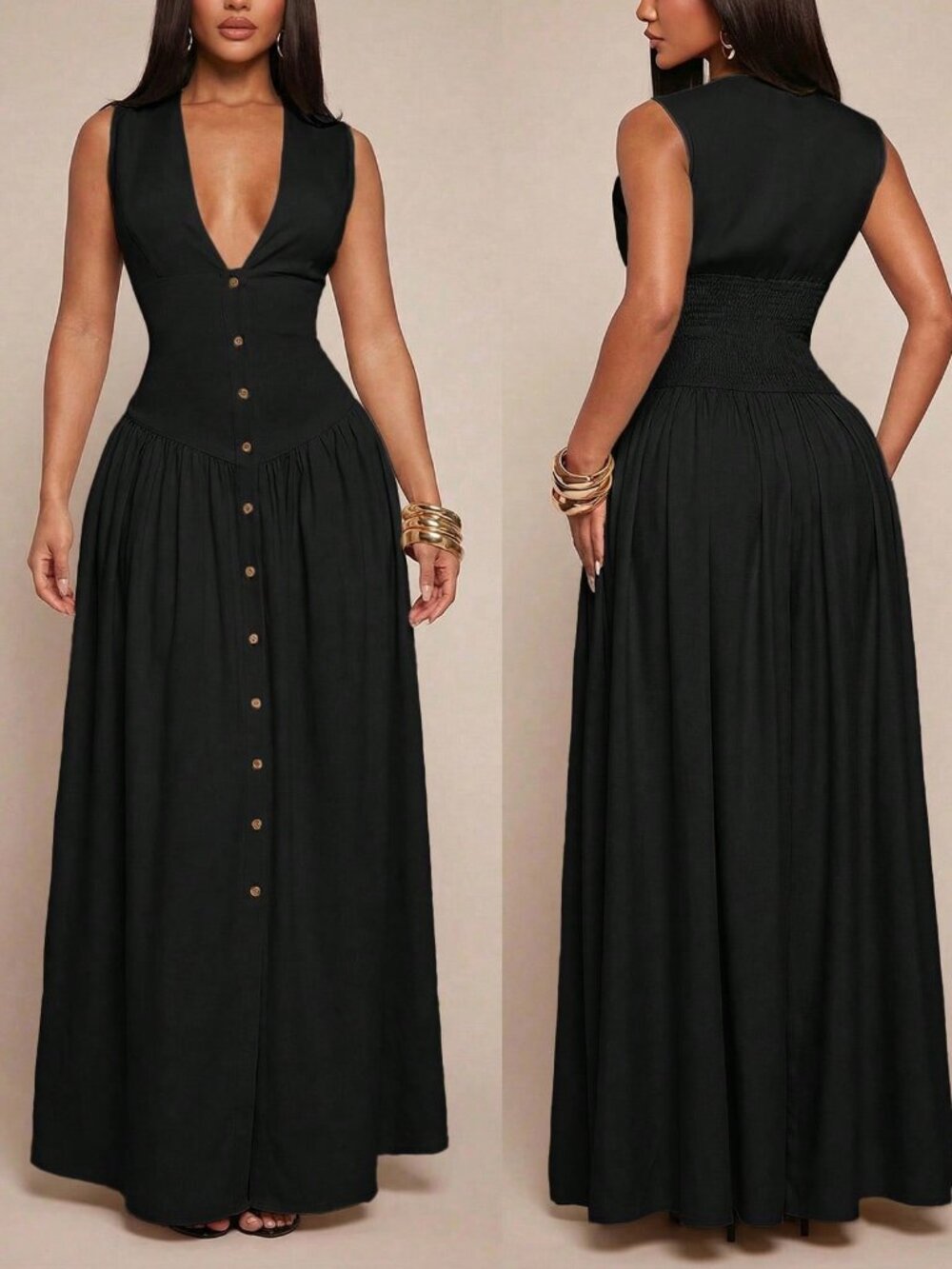 Black Elegant Minimalist Women's Long V-Neck Sleeveless Dress - Picture 7 of 7